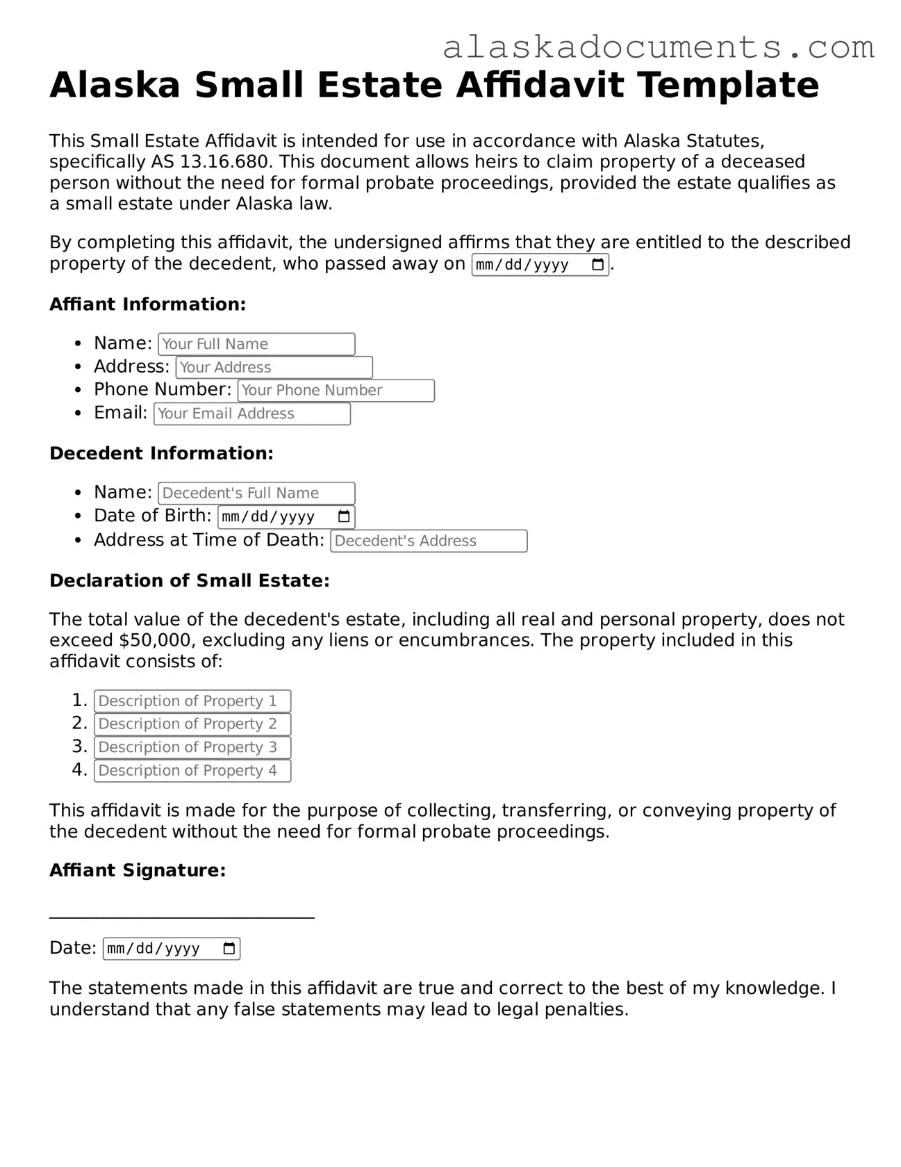 Fillable Alaska Small Estate Affidavit Template