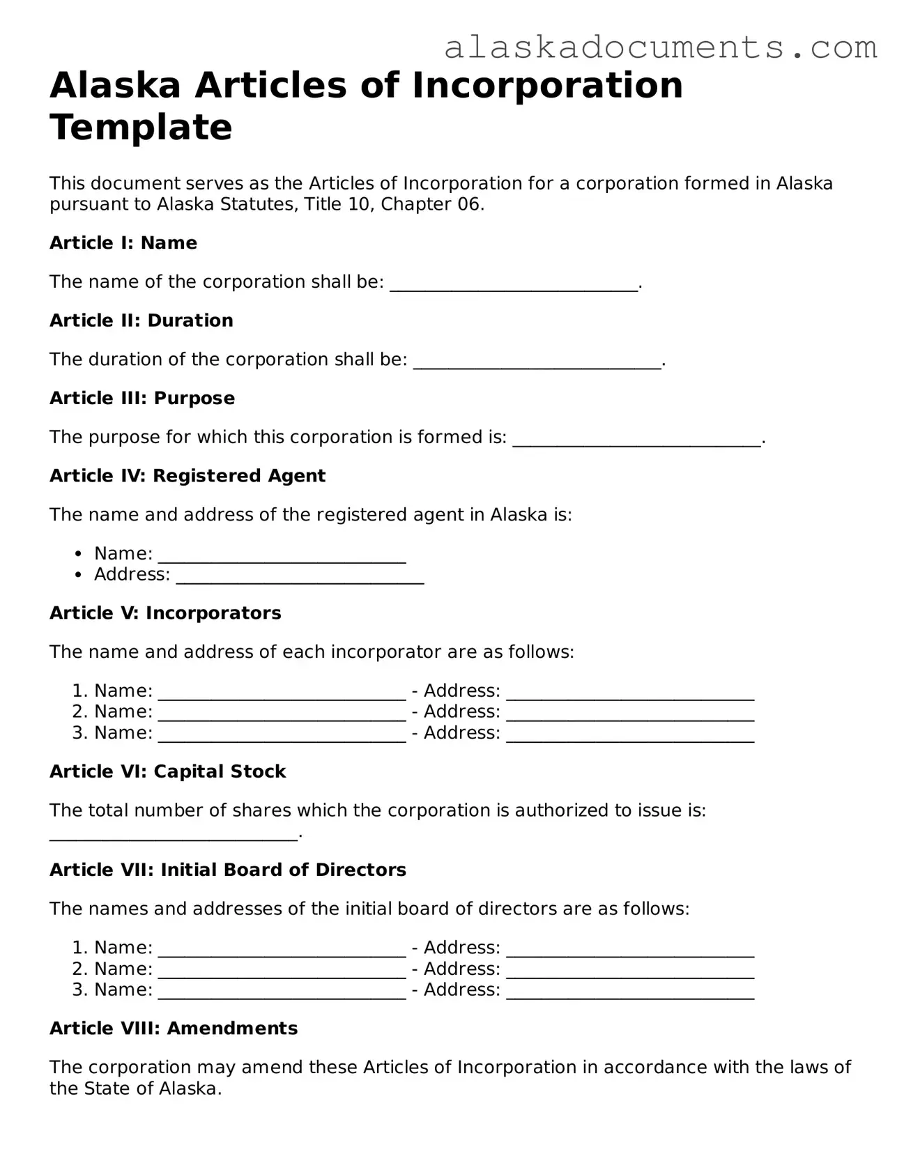 Fillable Alaska Articles of Incorporation Template