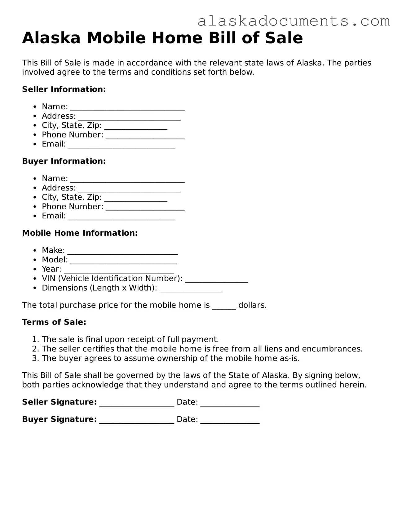 Fillable Alaska Mobile Home Bill of Sale Template