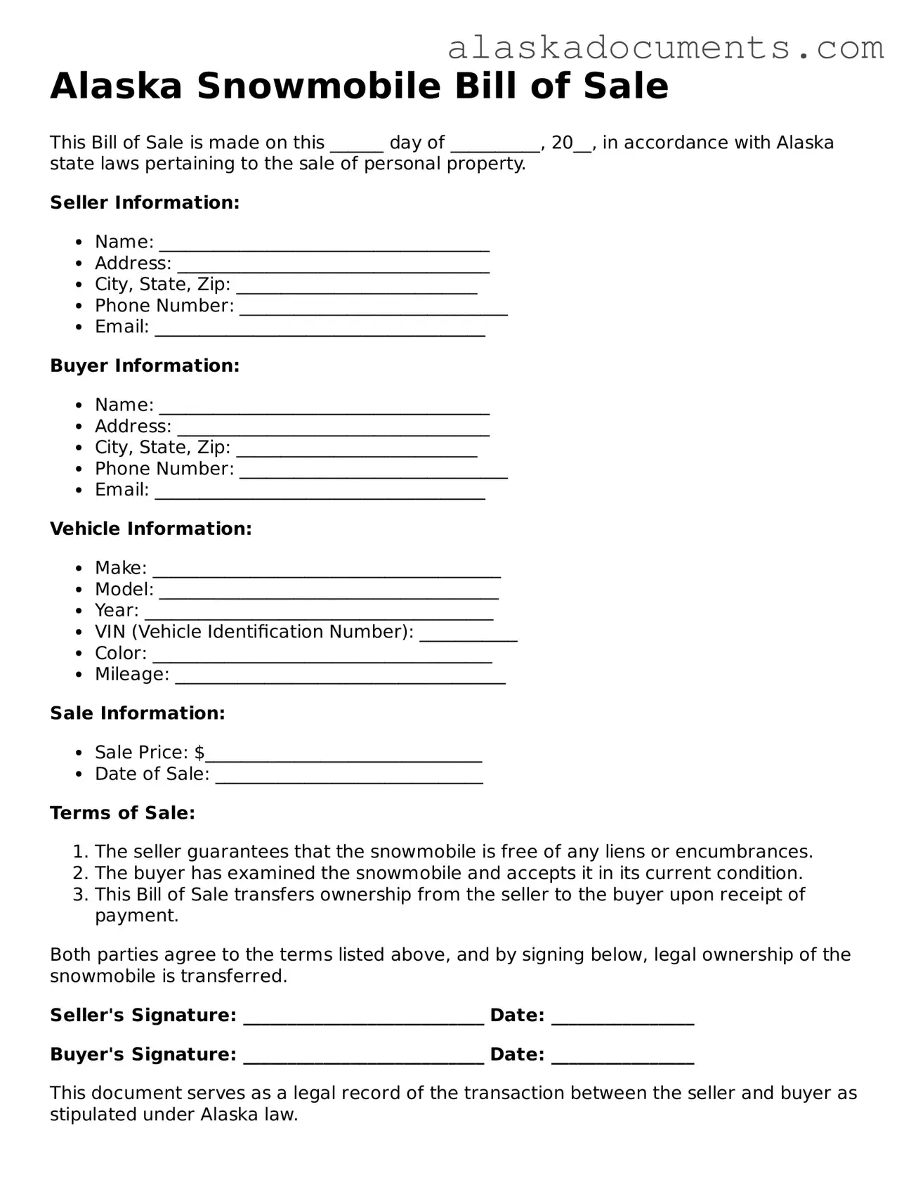 Fillable Alaska Snowmobile Bill of Sale Template