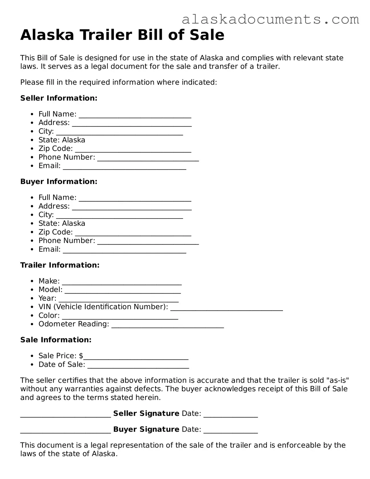 Fillable Alaska Trailer Bill of Sale Template