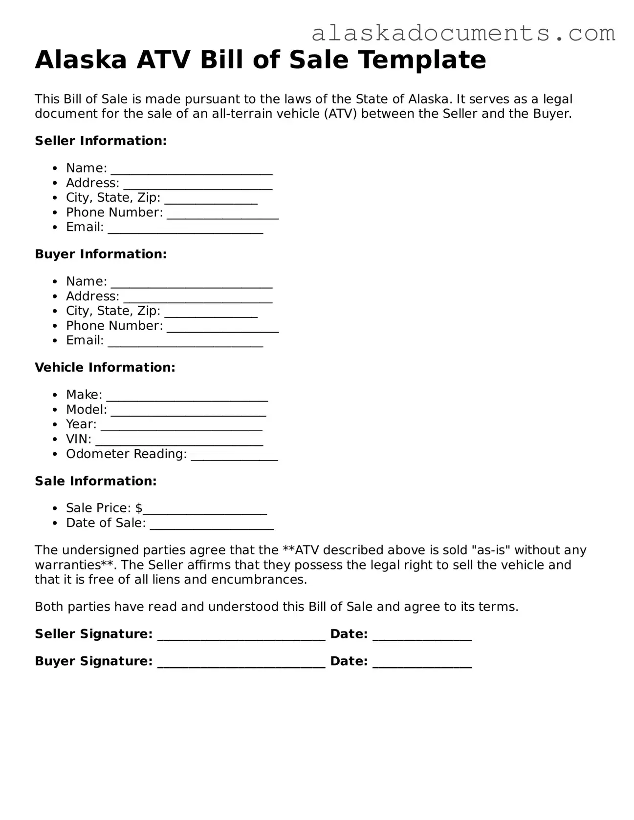 Fillable Alaska ATV Bill of Sale Template