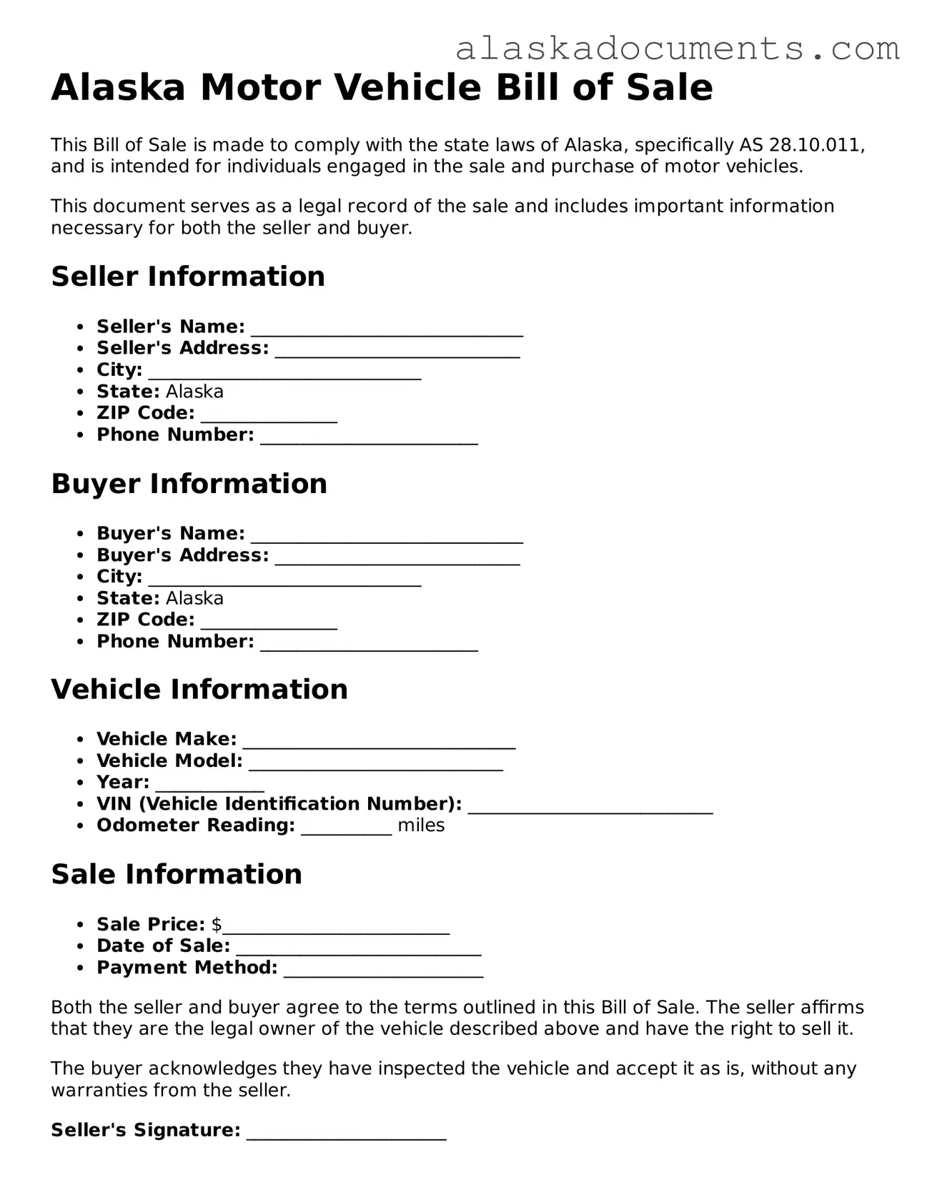 Fillable Alaska Motor Vehicle Bill of Sale Template