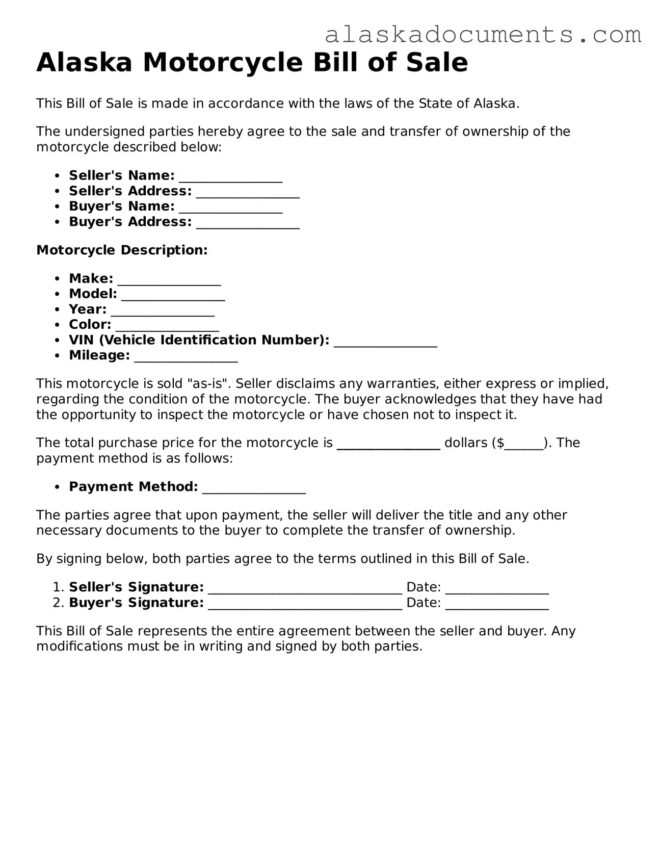 Fillable Alaska Motorcycle Bill of Sale Template
