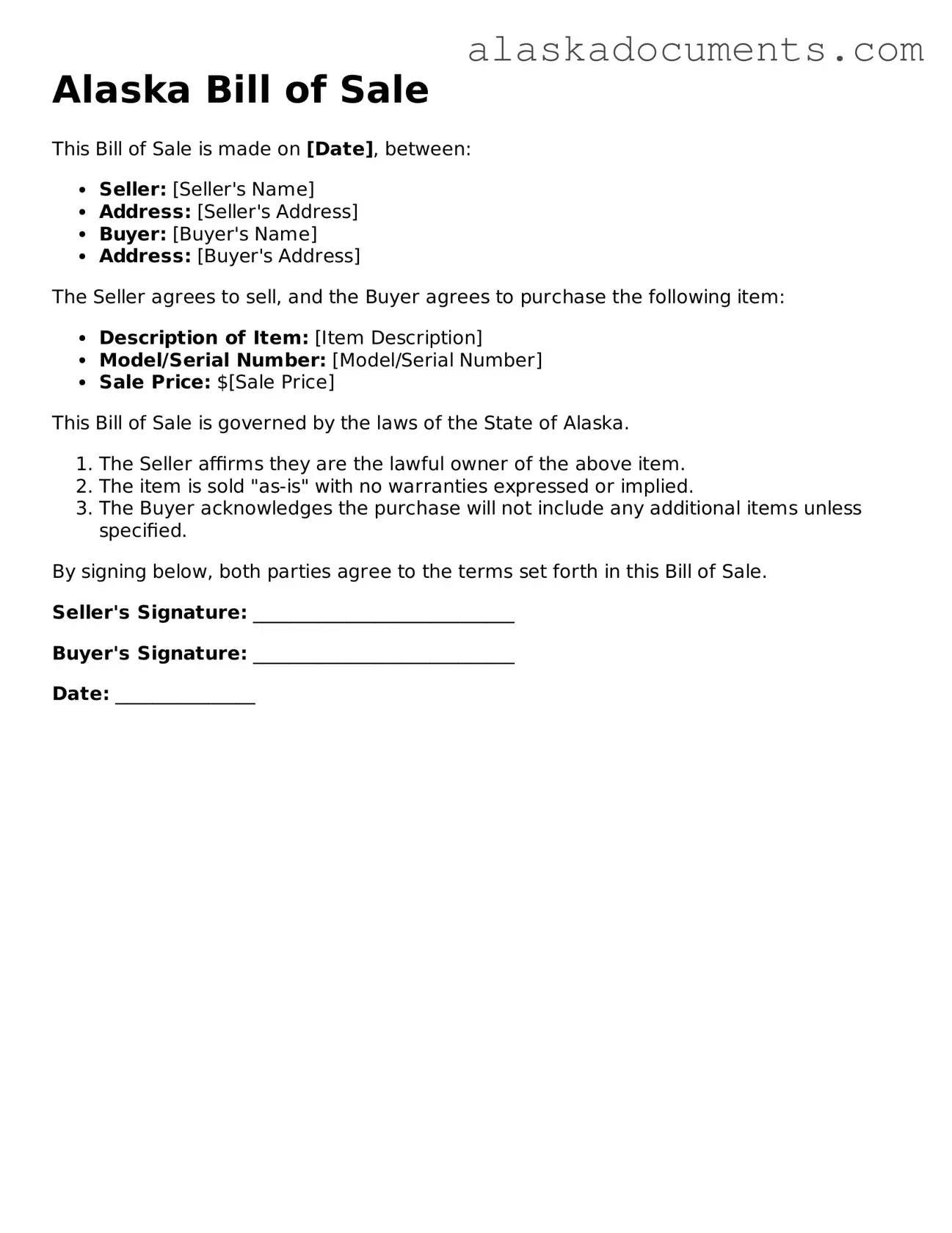 Fillable Alaska Bill of Sale Template