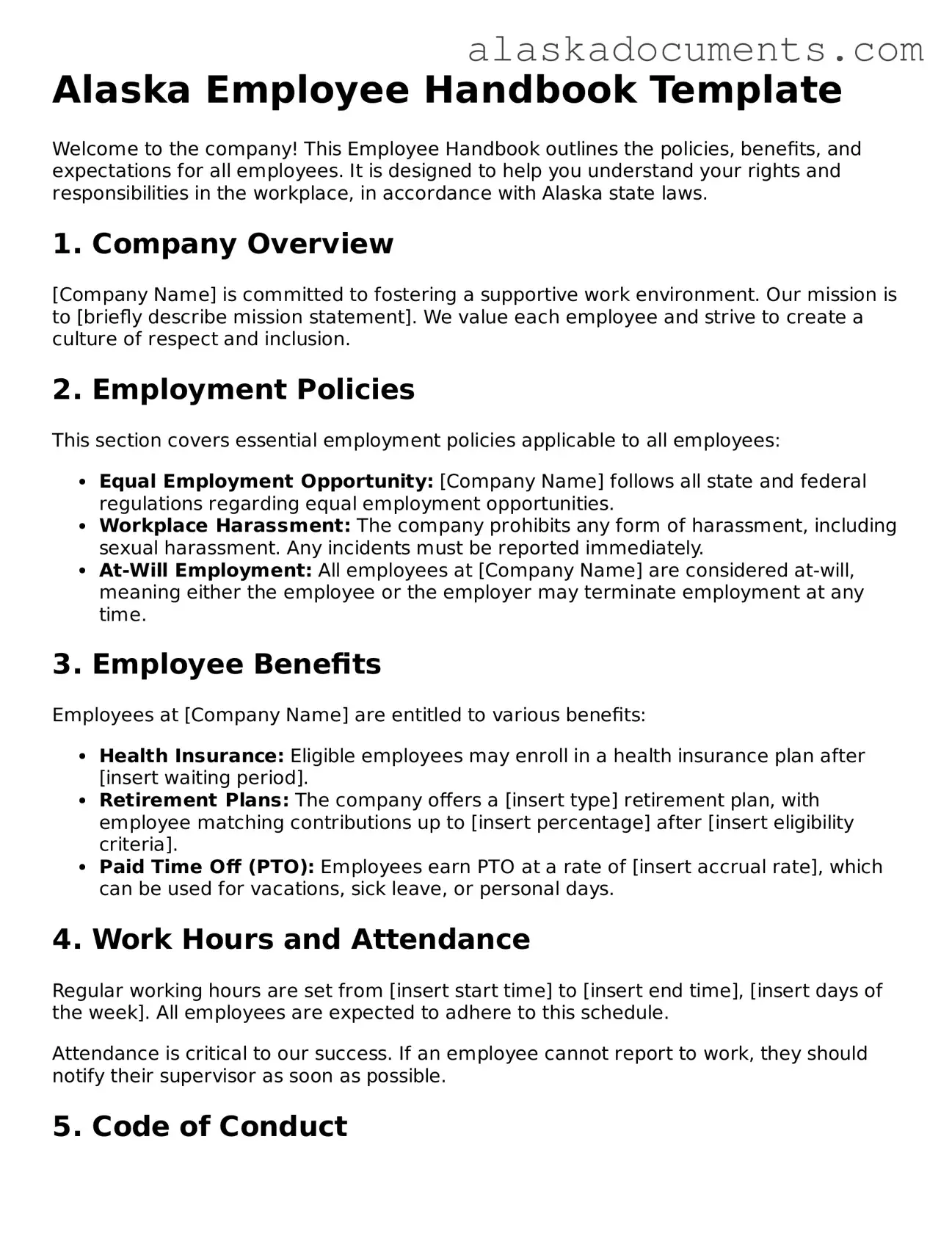 Fillable Alaska Employee Handbook Template