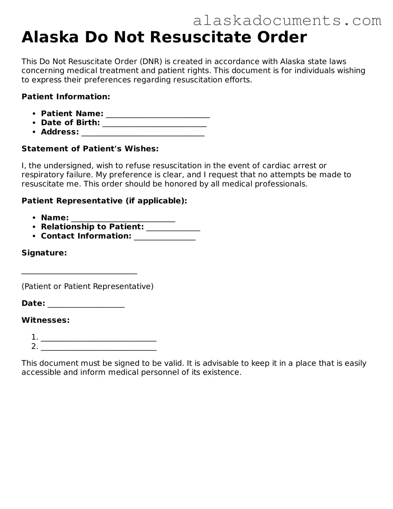 Fillable Alaska Do Not Resuscitate Order Template