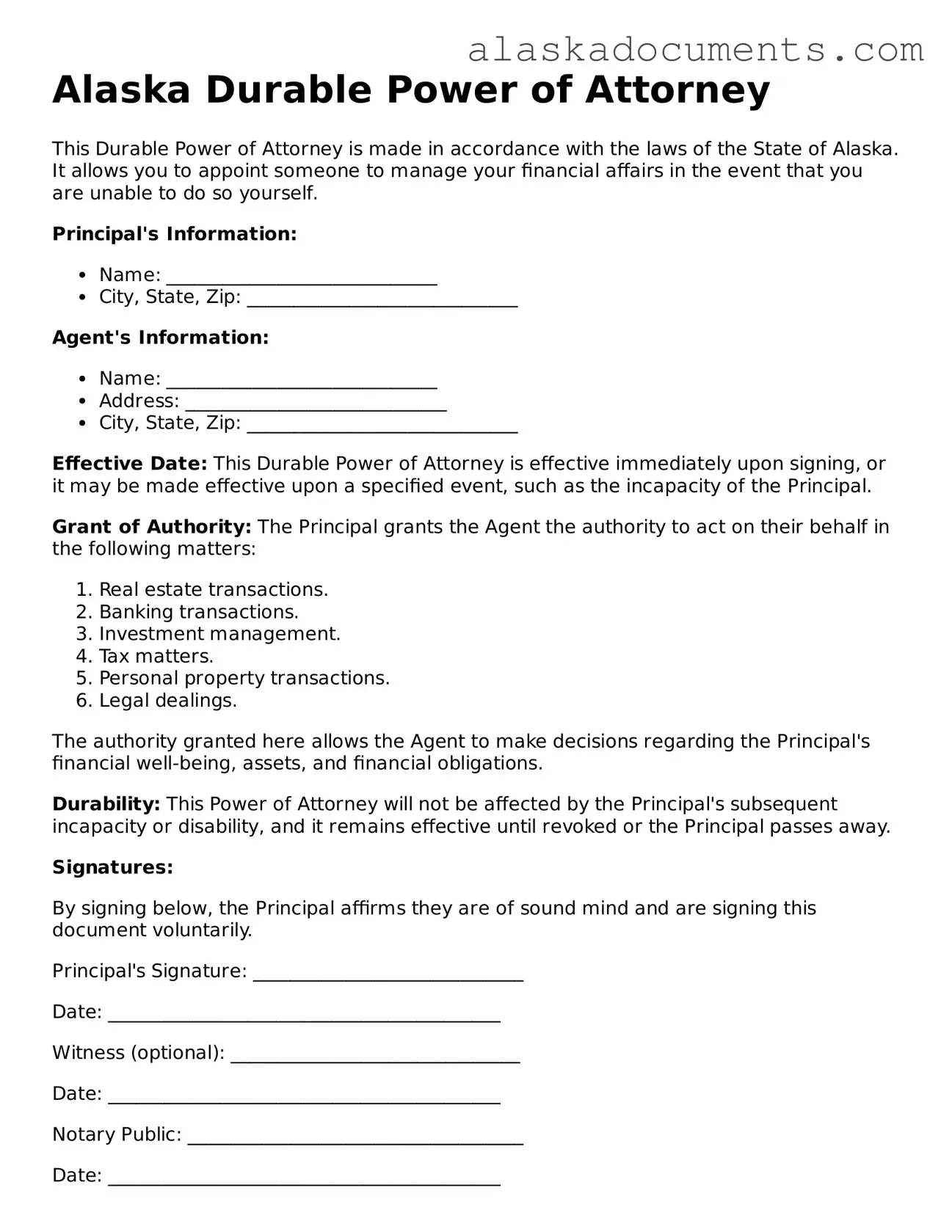 Fillable Alaska Durable Power of Attorney Template