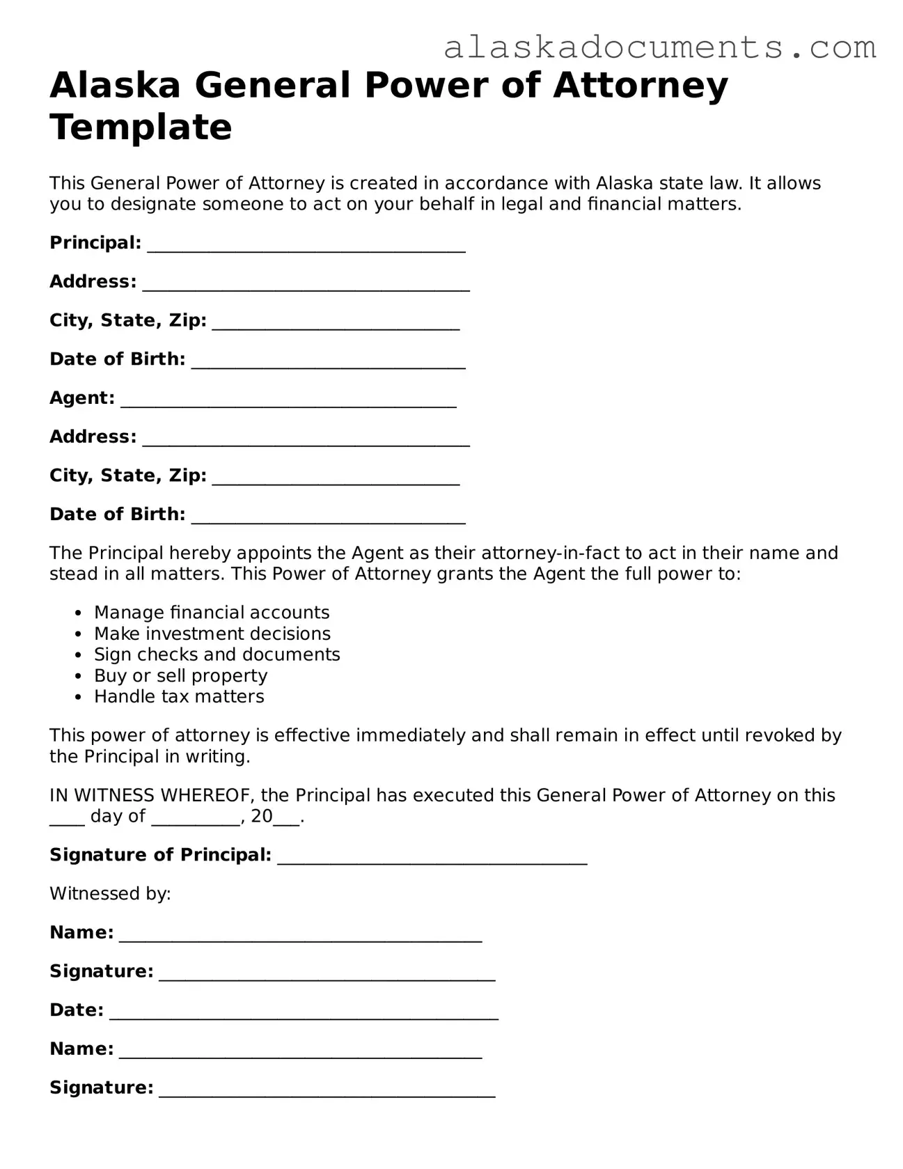 Fillable Alaska General Power of Attorney Template