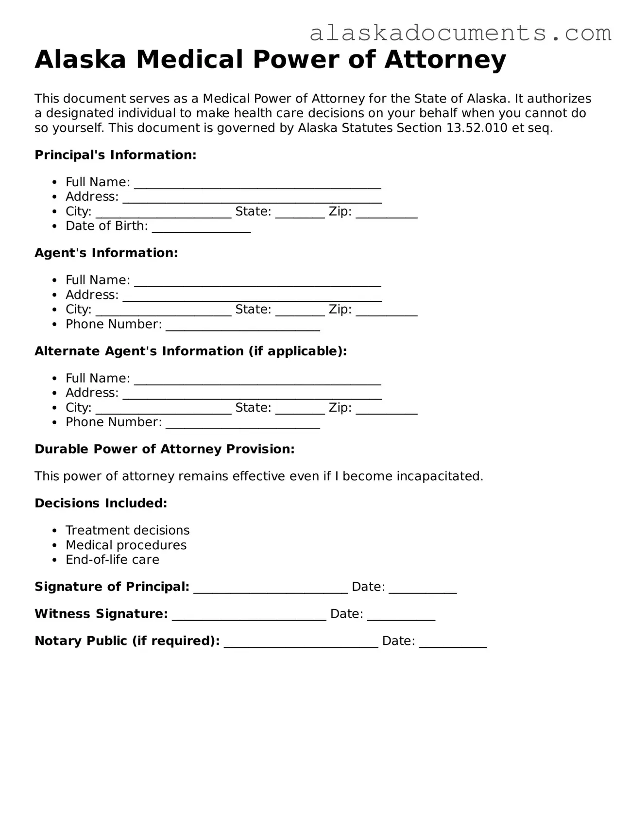 Fillable Alaska Medical Power of Attorney Template