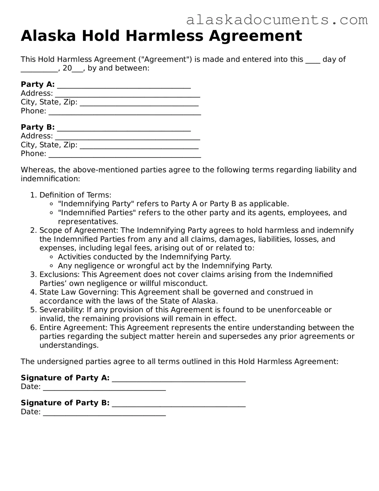 Fillable Alaska Hold Harmless Agreement Template