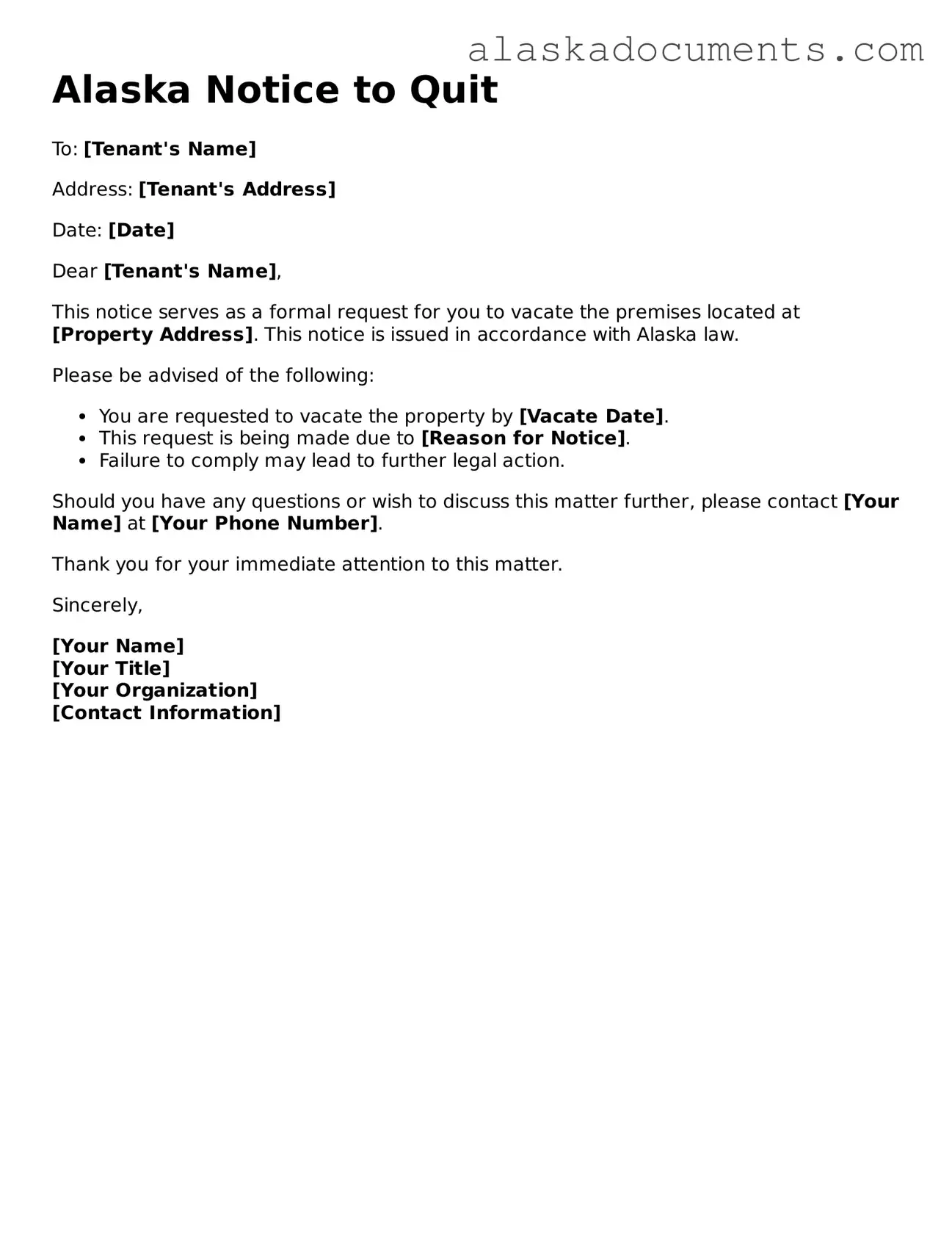 Fillable Alaska Notice to Quit Template
