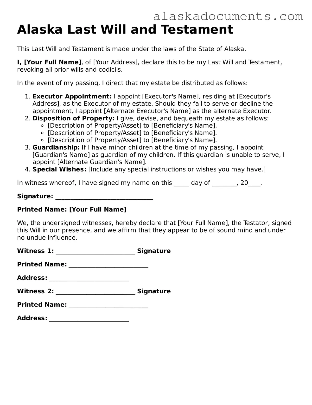 Fillable Alaska Last Will and Testament Template