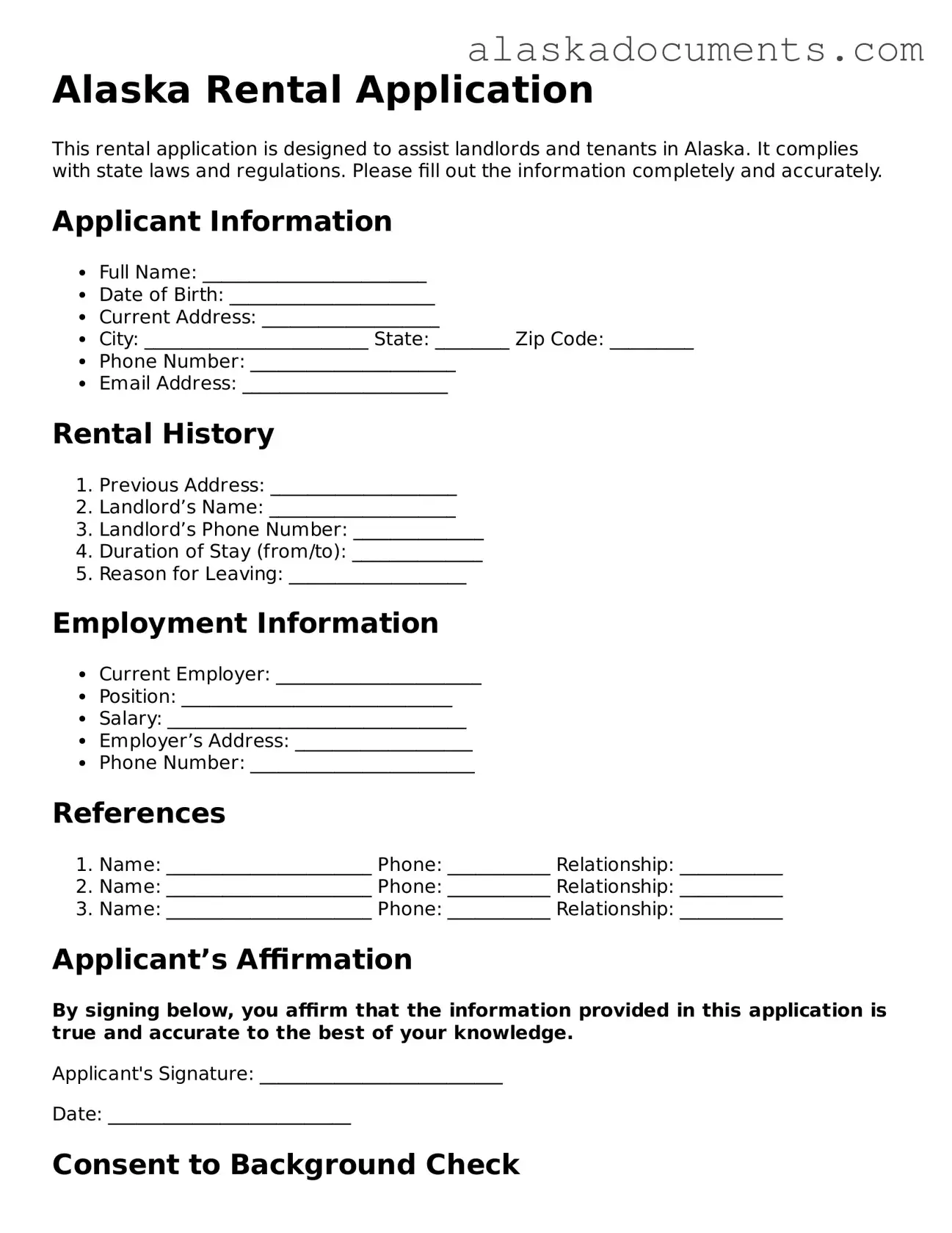 Fillable Alaska Rental Application Template