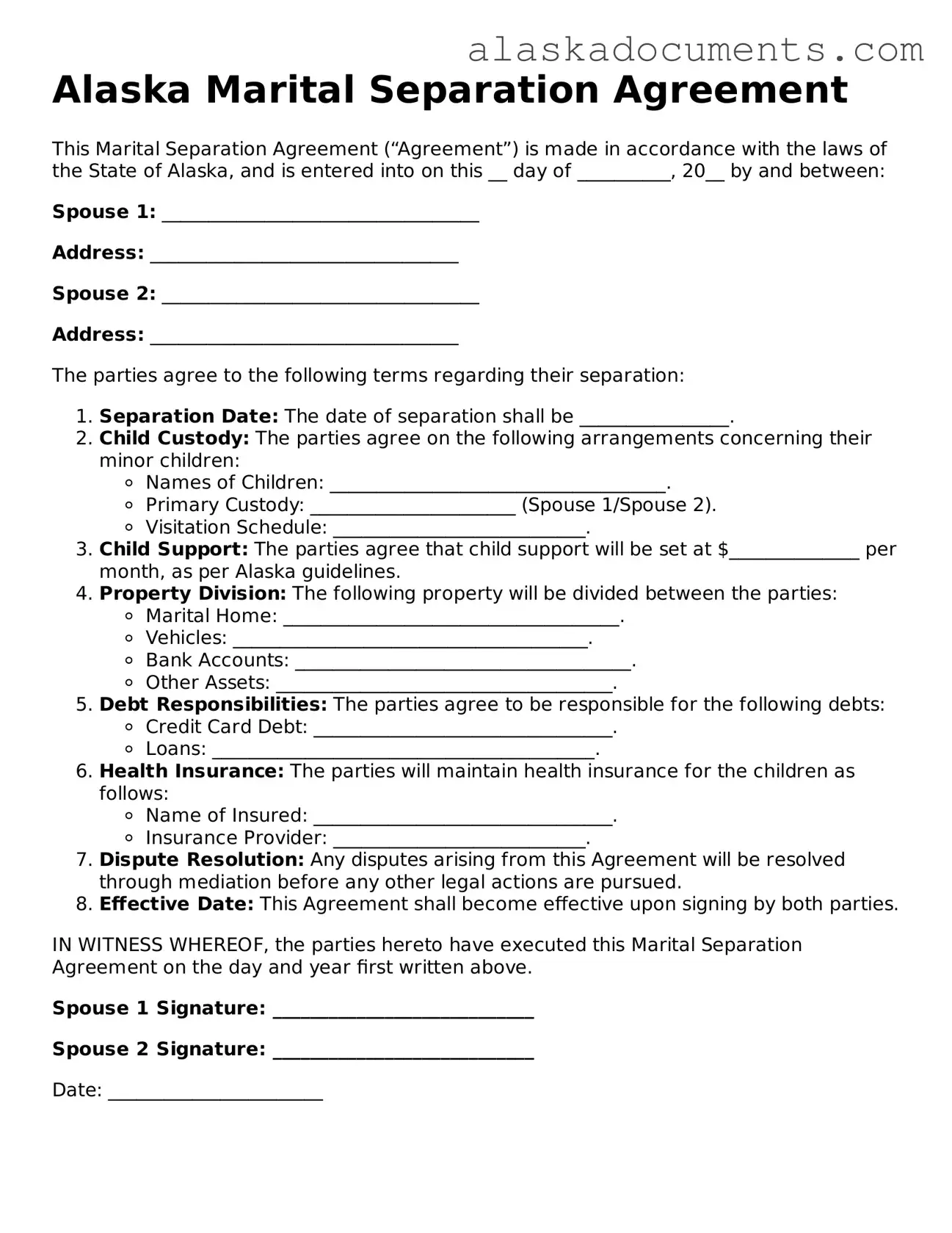 Fillable Alaska Marital Separation Agreement Template