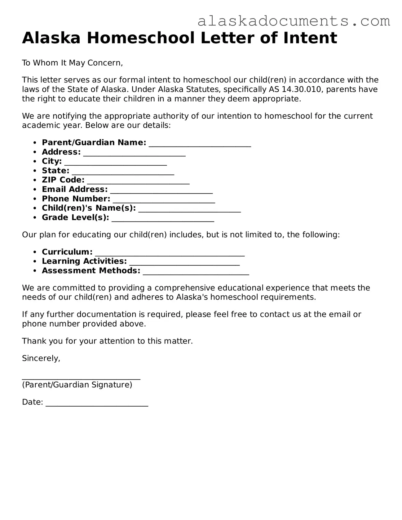Fillable Alaska Homeschool Letter of Intent Template