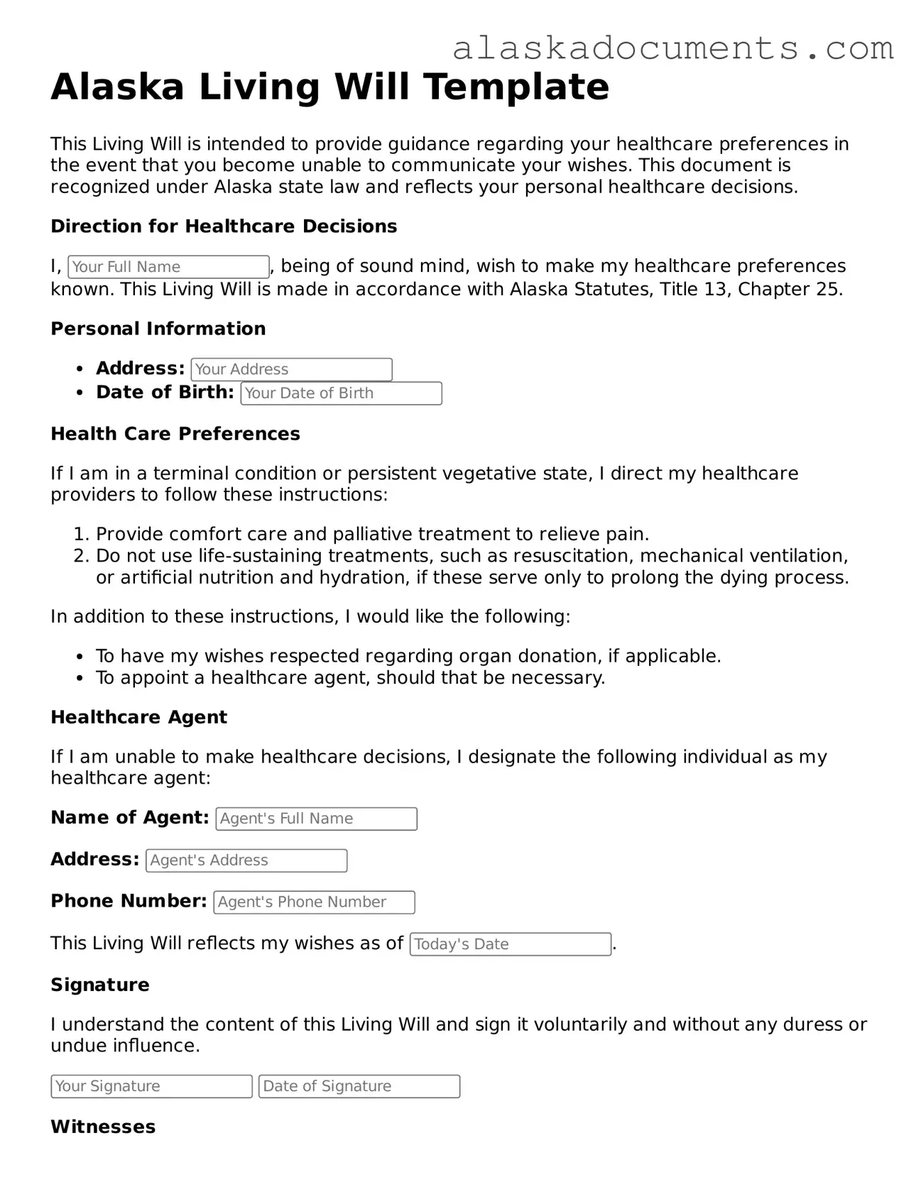 Fillable Alaska Living Will Template