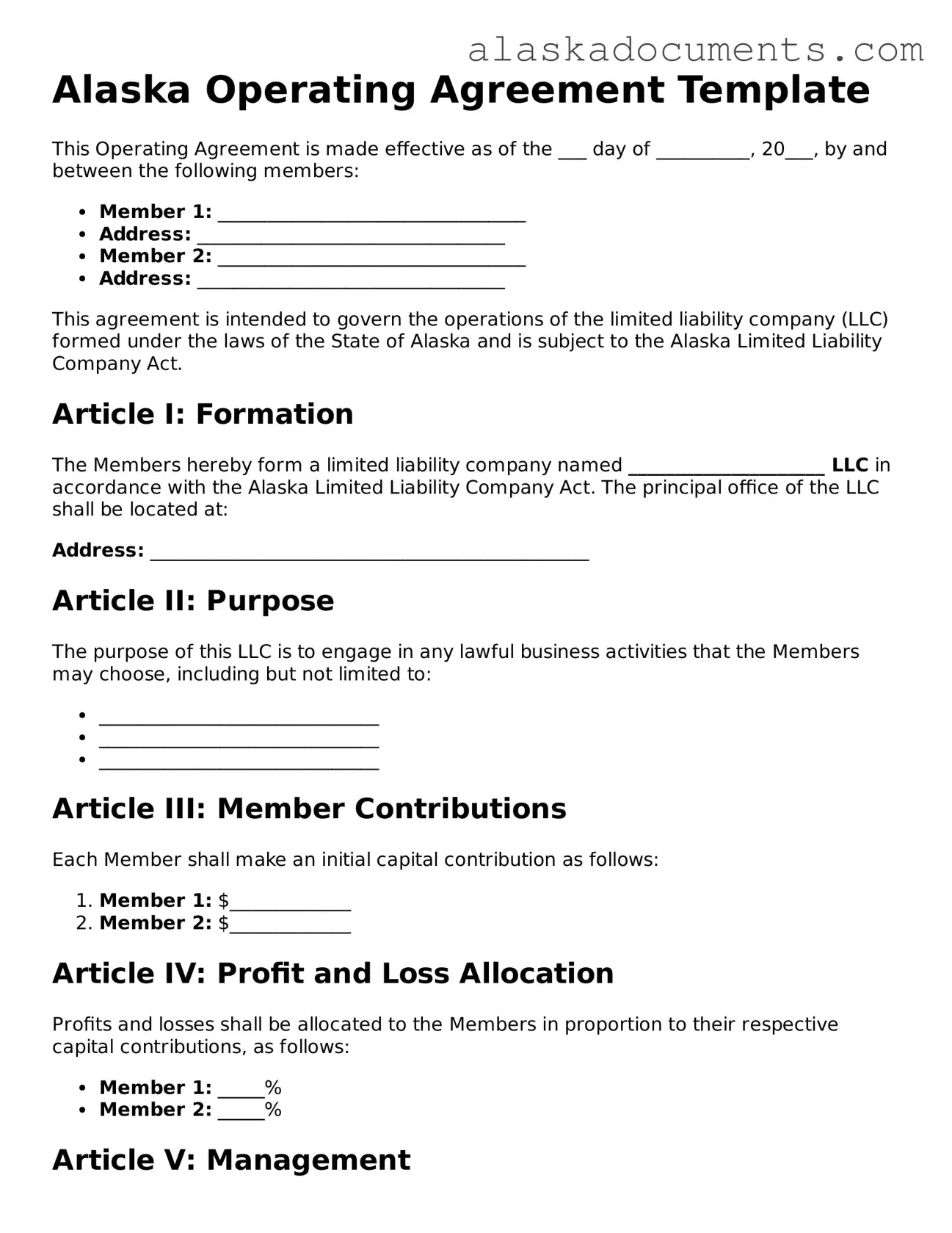 Fillable Alaska Operating Agreement Template