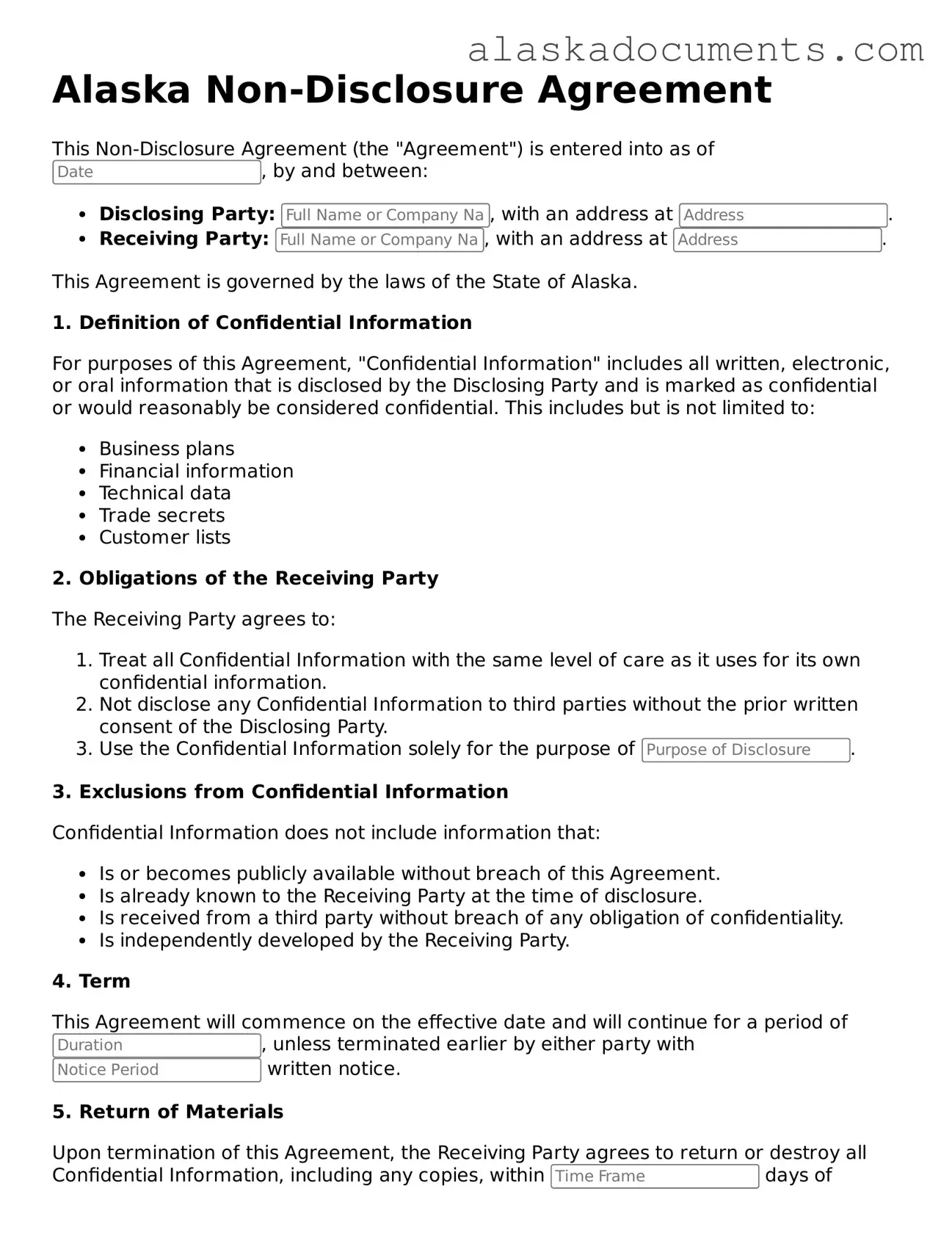 Fillable Alaska Non-disclosure Agreement Template