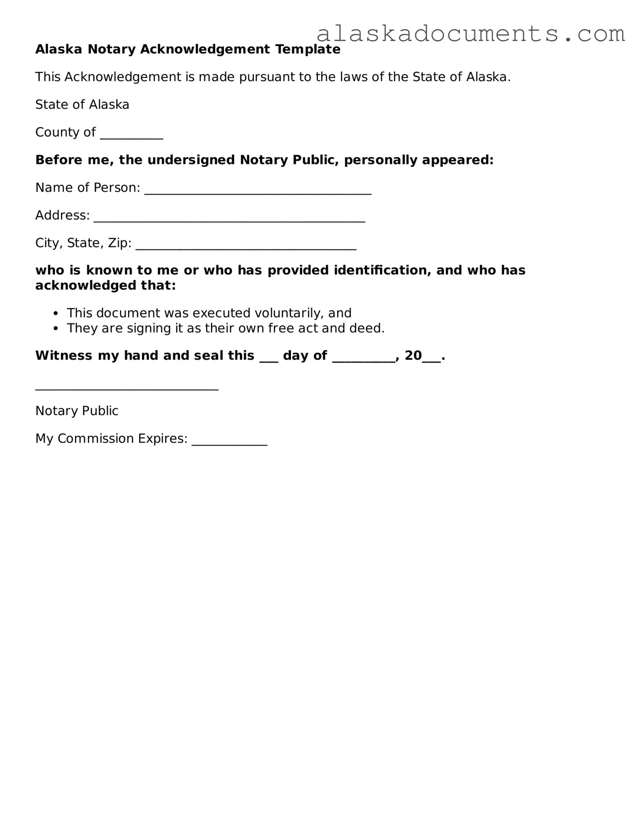 Fillable Alaska Notary Acknowledgement Template
