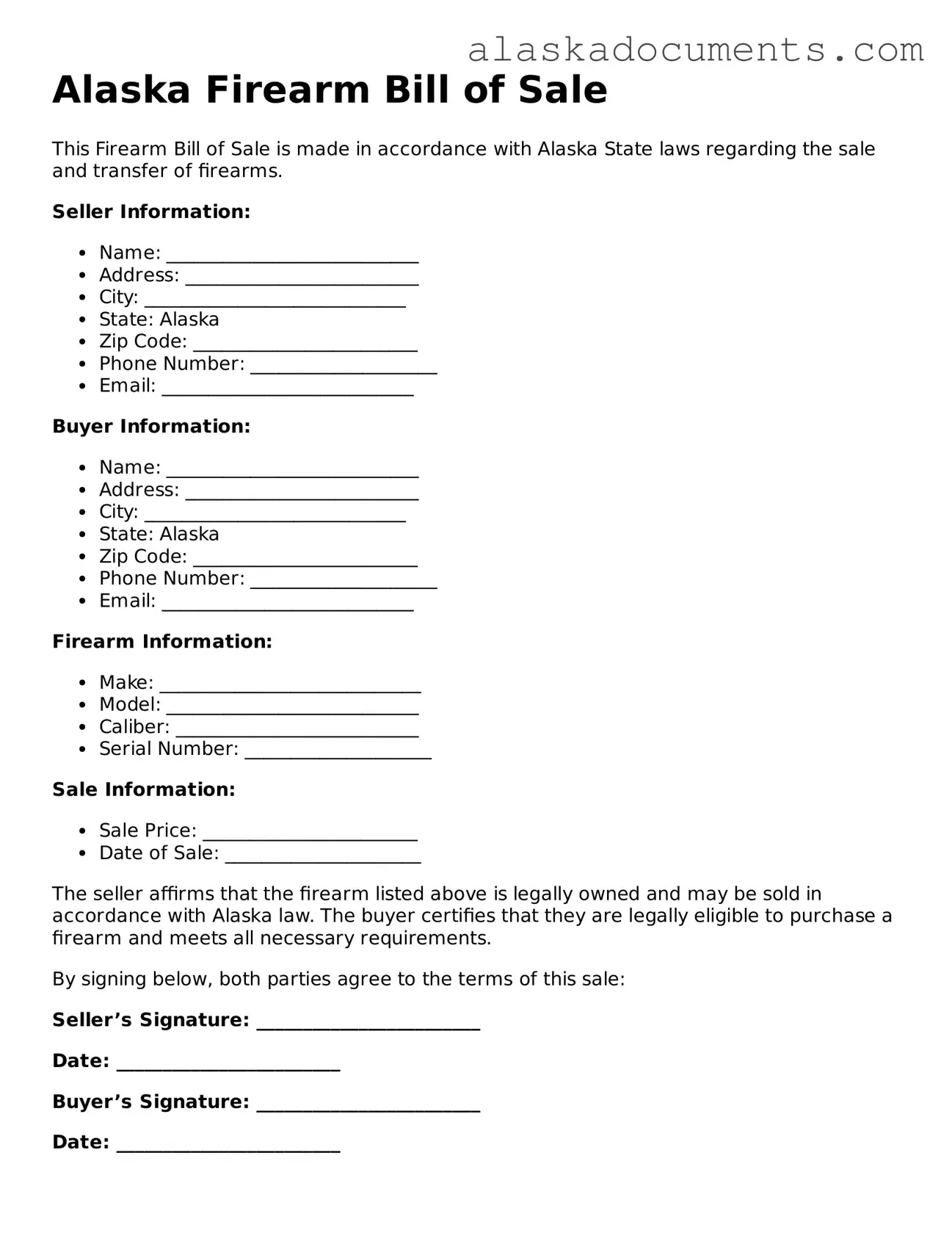 Fillable Alaska Firearm Bill of Sale Template