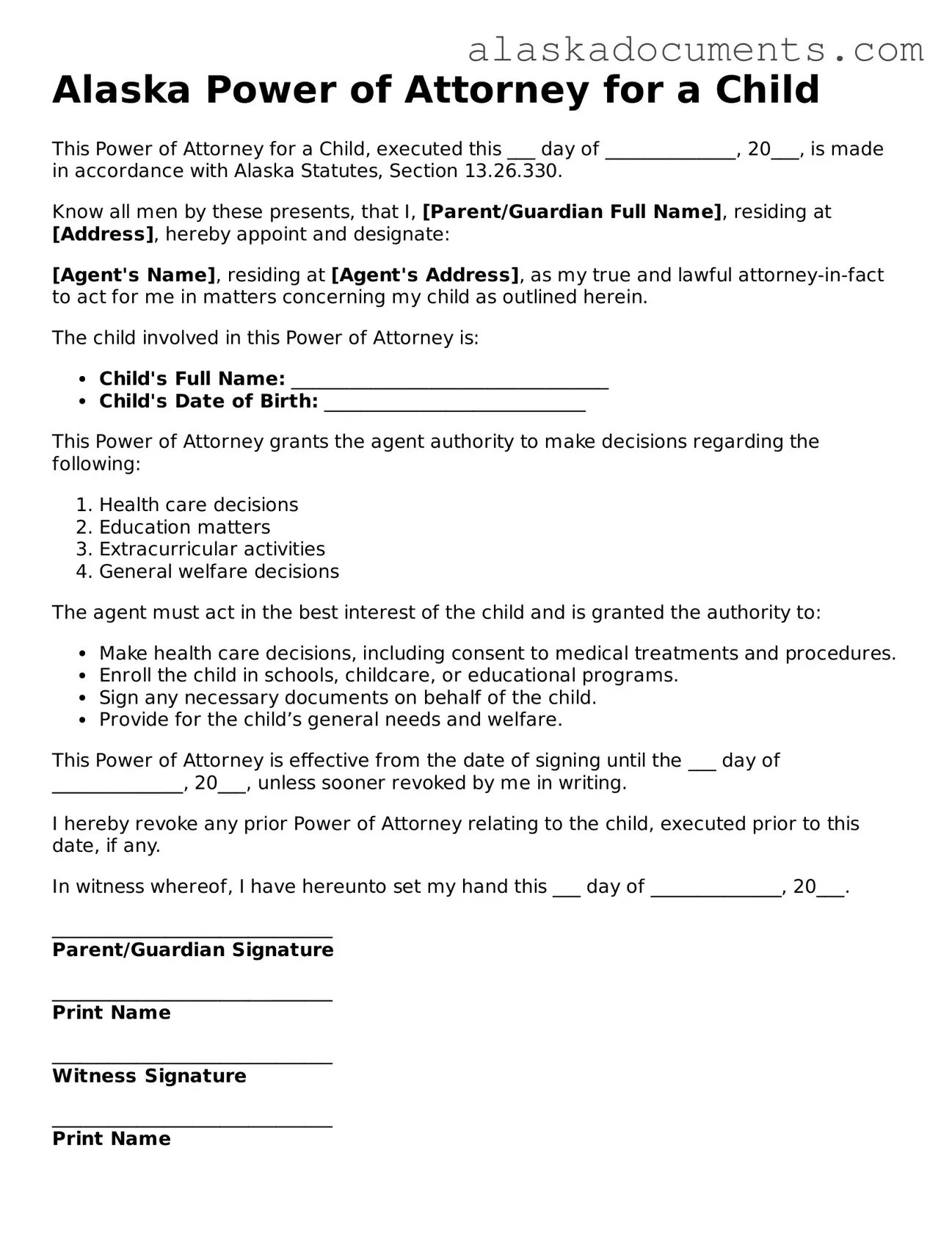 Fillable Alaska Power of Attorney for a Child Template