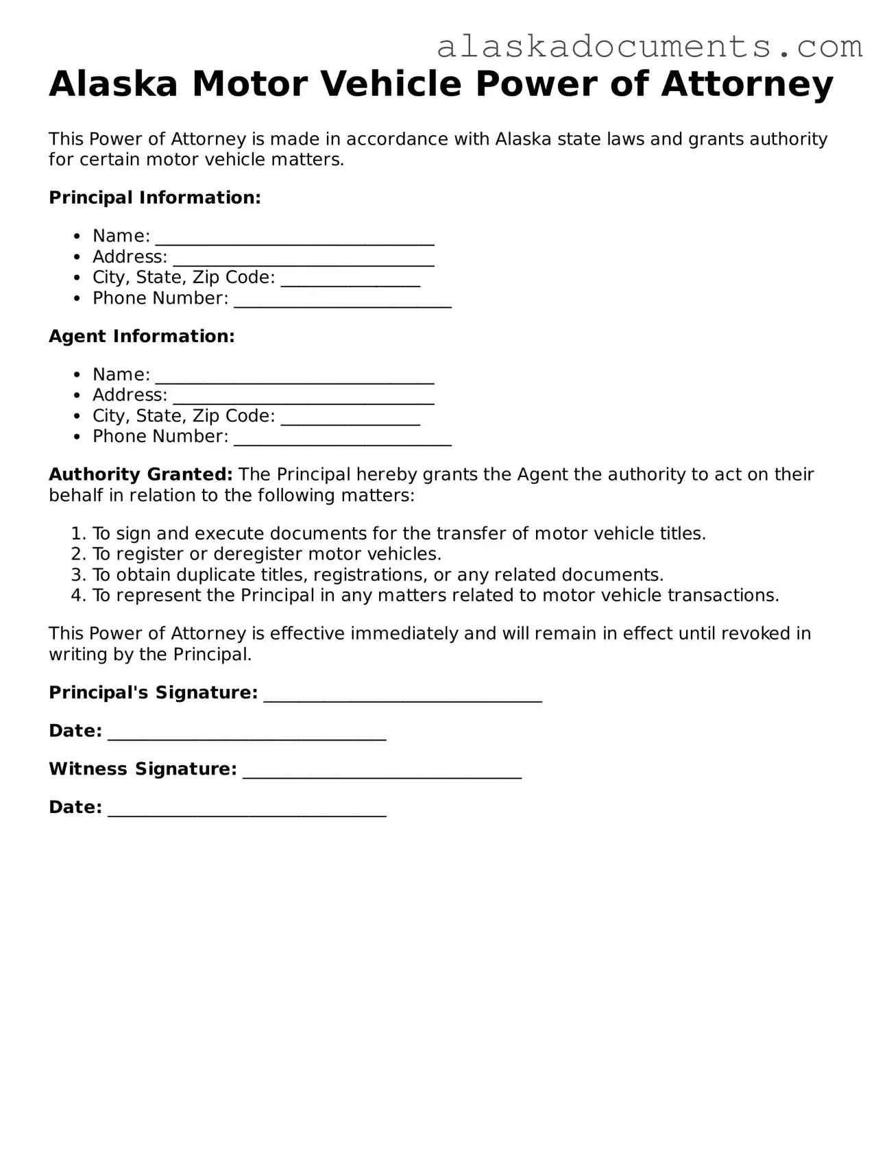 Fillable Alaska Motor Vehicle Power of Attorney Template