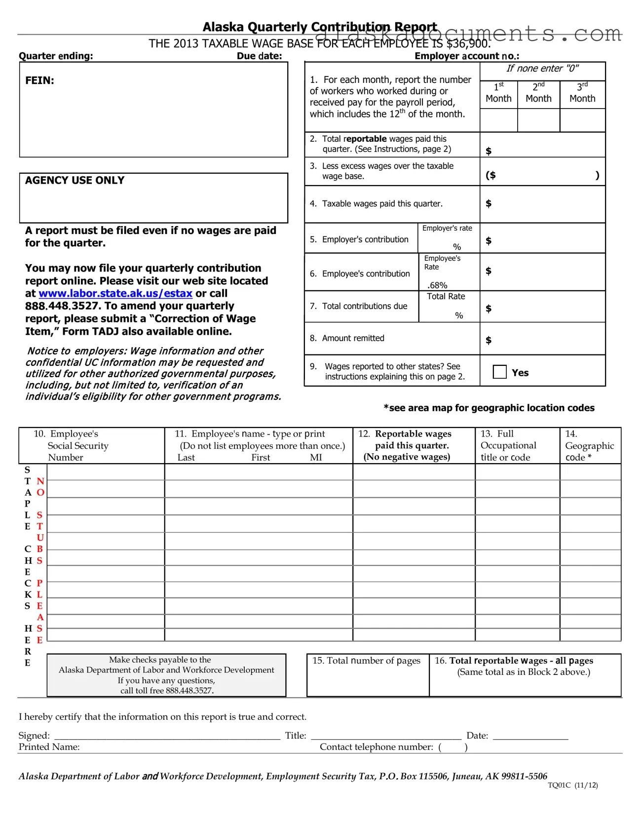 Alaska Quarterly Contribution Report Form in PDF