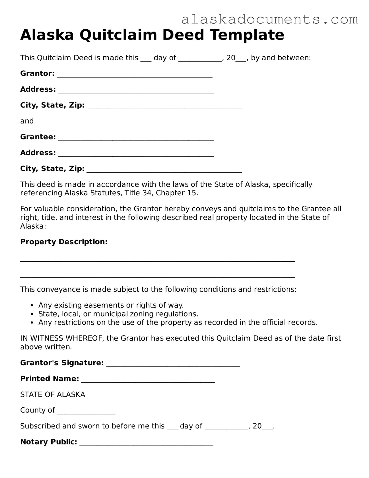 Fillable Alaska Quitclaim Deed Template