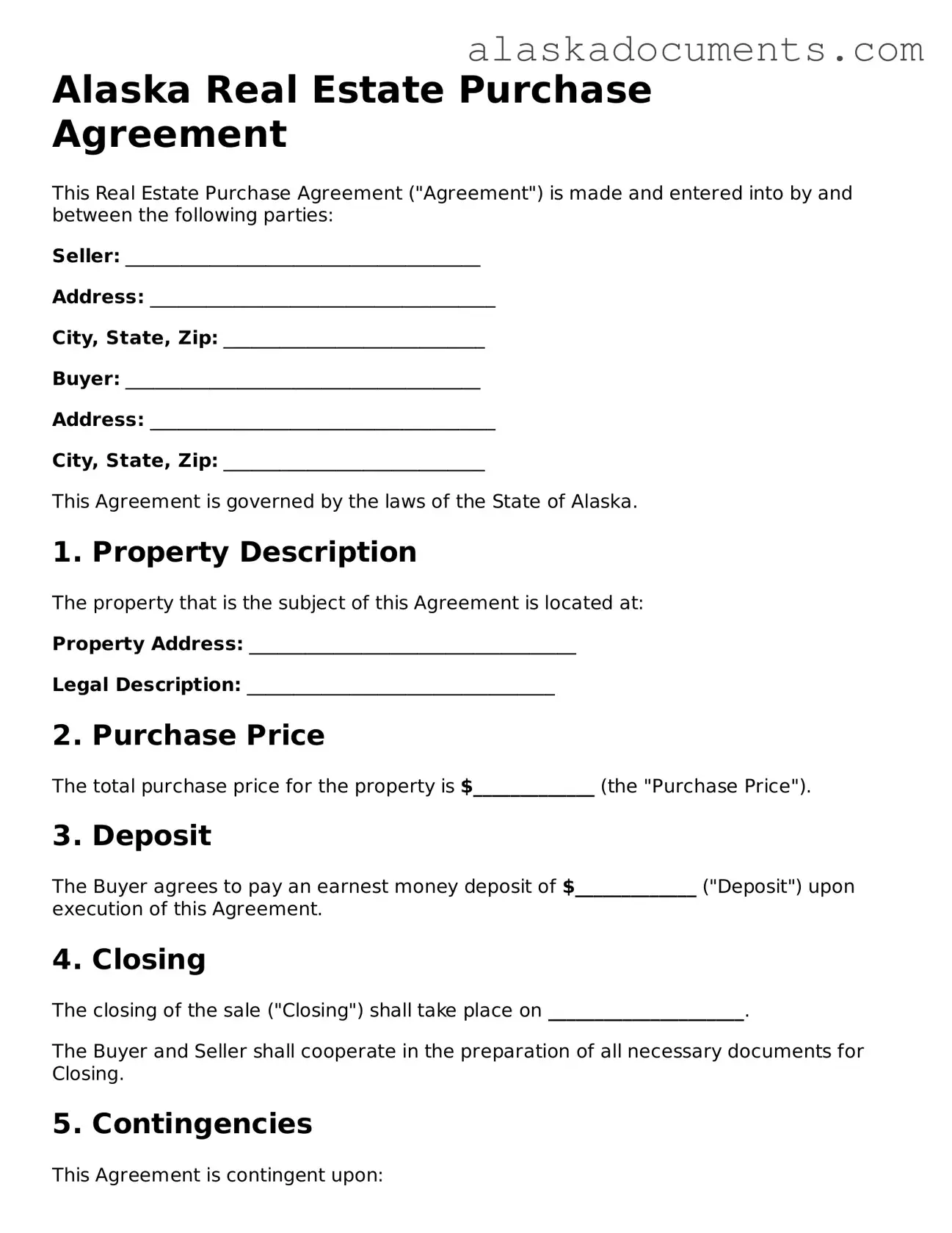 Fillable Alaska Real Estate Purchase Agreement Template