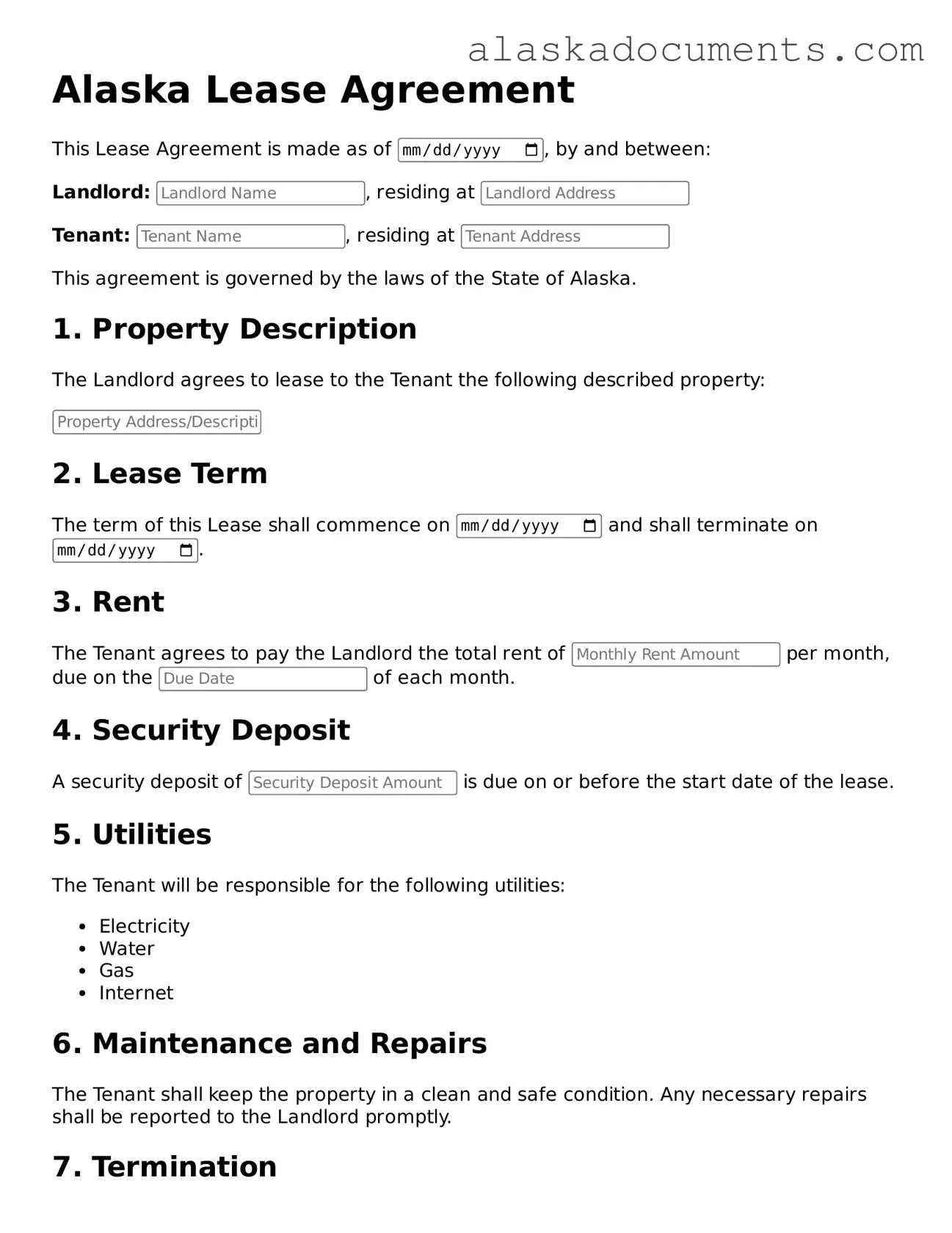 Fillable Alaska Lease Agreement Template