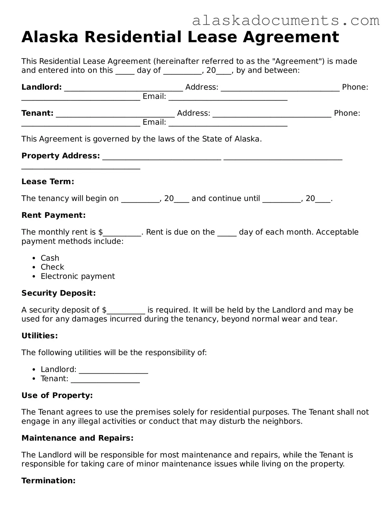 Fillable Alaska Residential Lease Agreement Template
