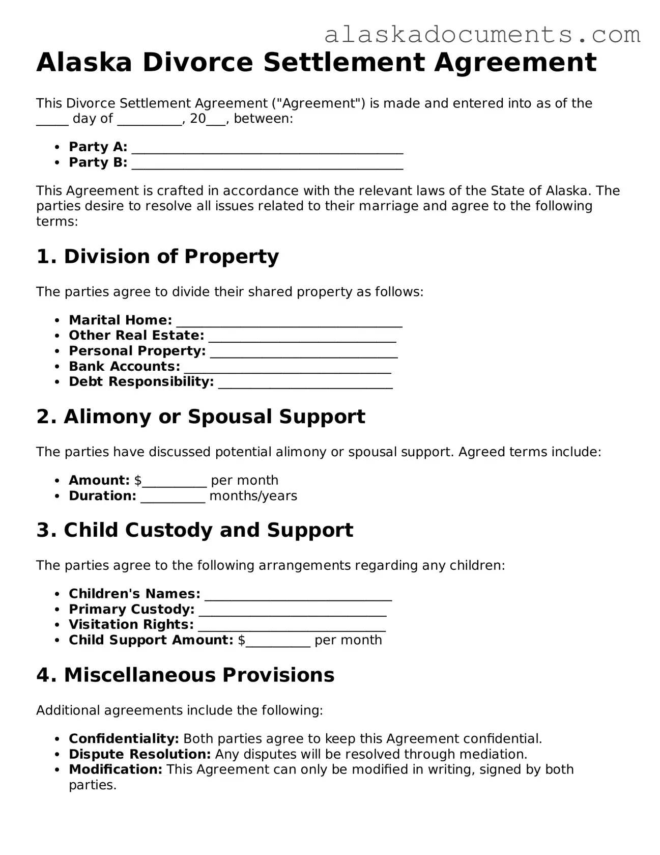 Fillable Alaska Divorce Settlement Agreement Template