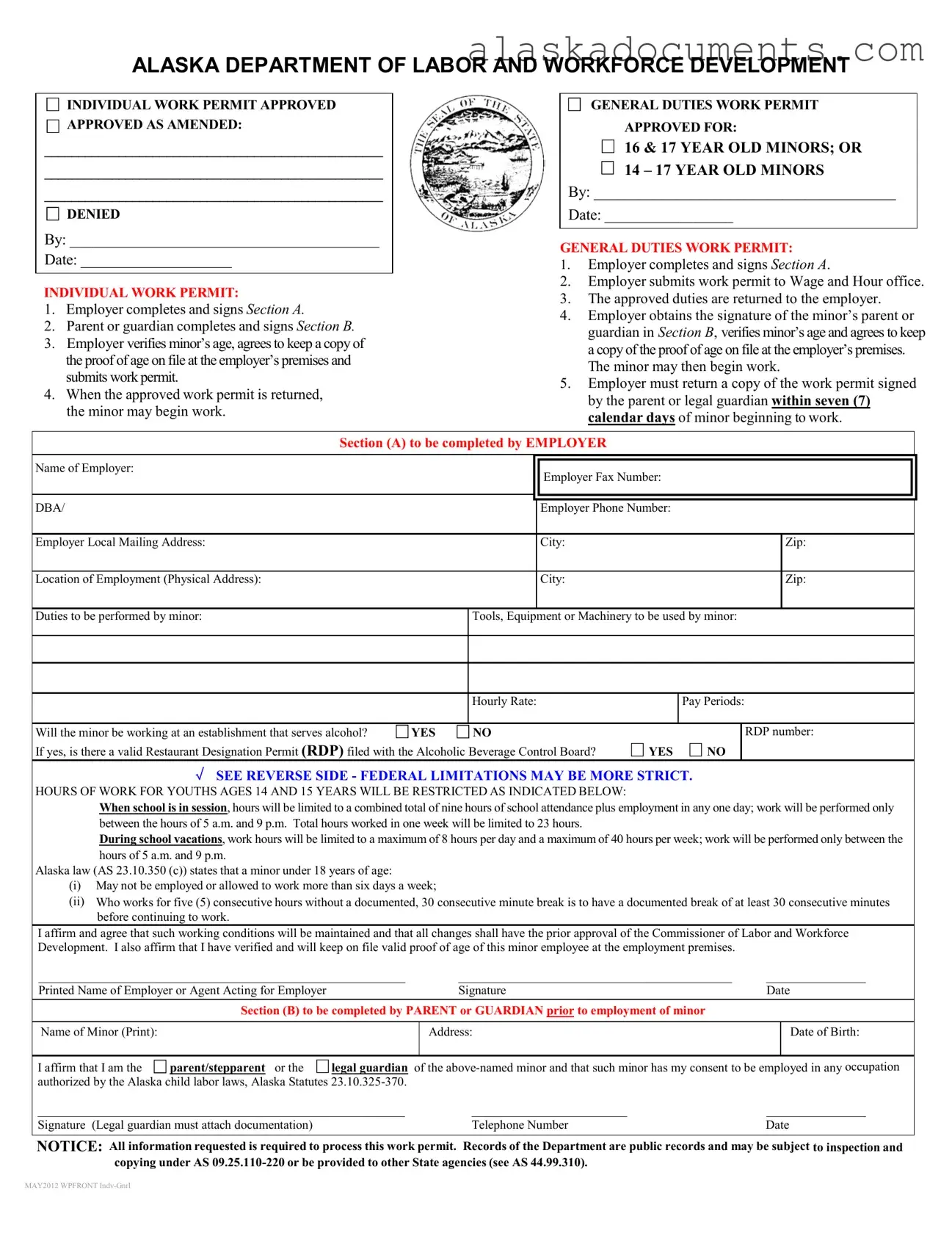 Alaska Work Permit Form in PDF