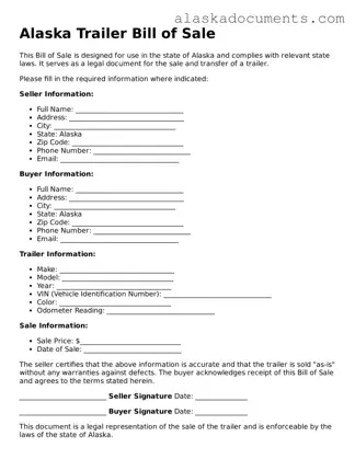 Fillable Alaska Trailer Bill of Sale Template