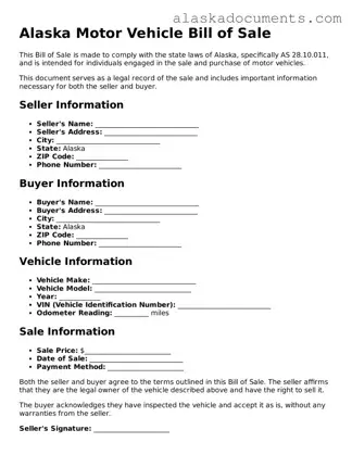 Fillable Alaska Motor Vehicle Bill of Sale Template