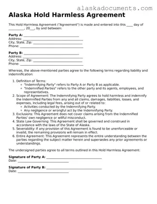 Fillable Alaska Hold Harmless Agreement Template