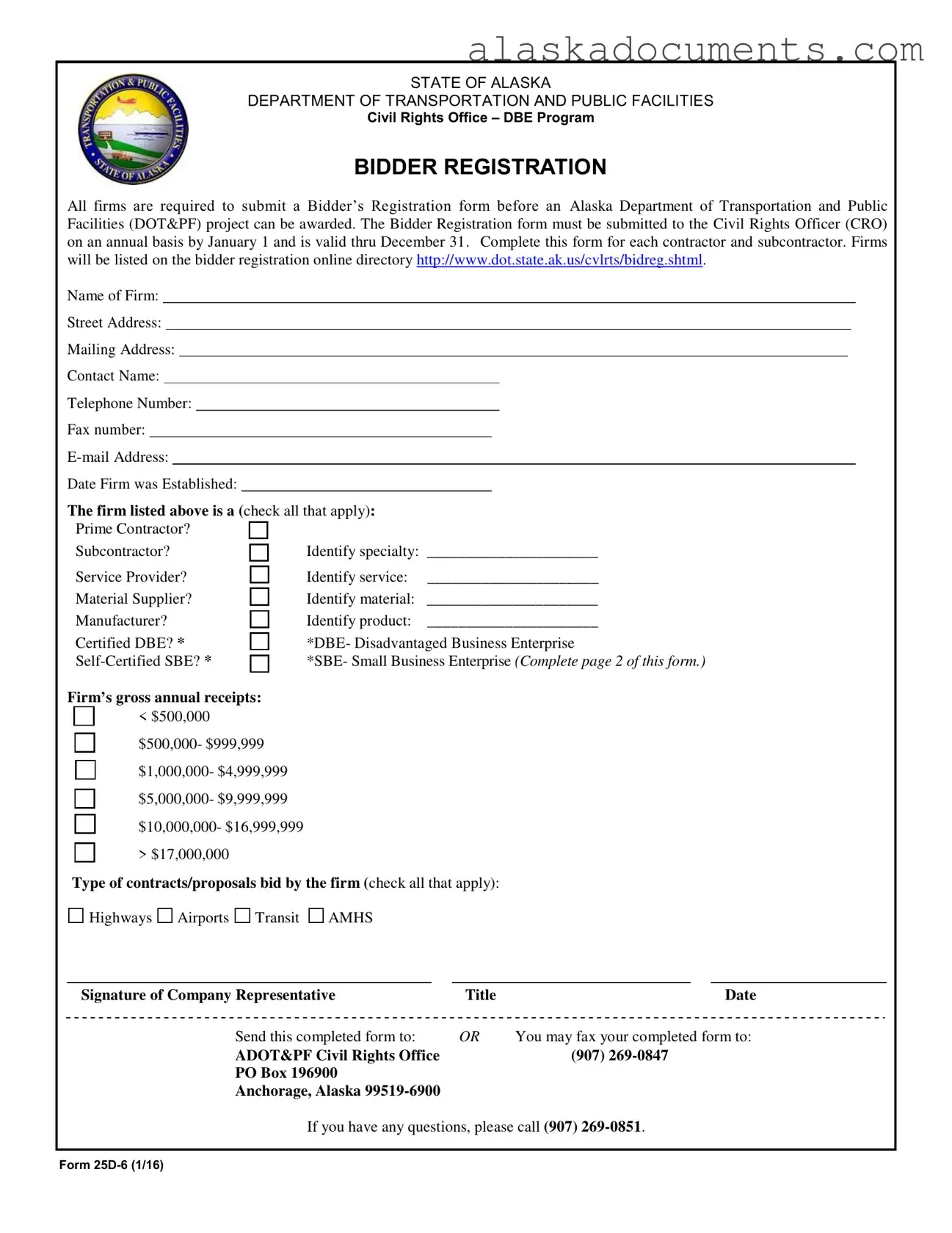State Of Alaska Bidders Registration Form in PDF